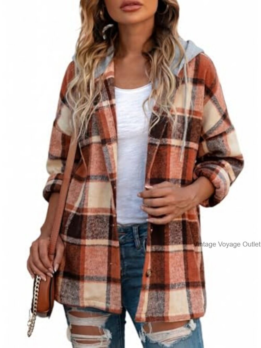 SHEWIN Women Hooded Plaid Shacket Button Down Flannel Jacket
